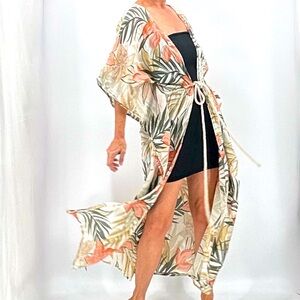 True Destinations Boho Tropical Print Resort Wear Kimono Beach Swim Coverup